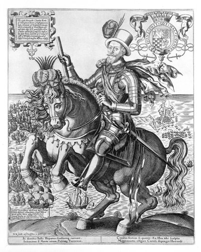 Ruiterportret van Charles Howard (1536-1624) 2e baron Howard van Effingham, 1e graaf van Nottingham, gegraveerd door Thomas Cockson (fl.1591-1636) ca.1597-1603 door English School